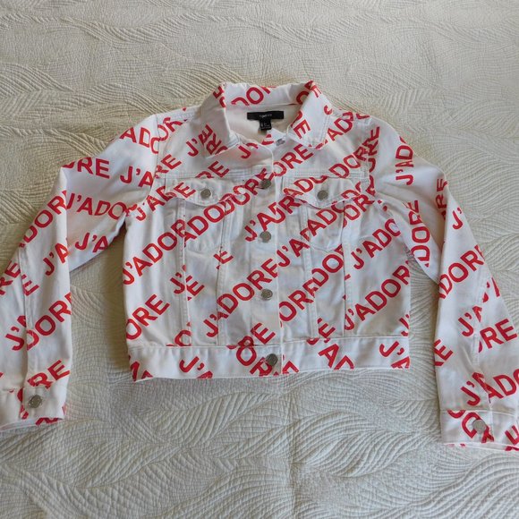 NWT Forever 21 J Adore white cotton denim cropped jean I love letter jacket F21 - Picture 8 of 16